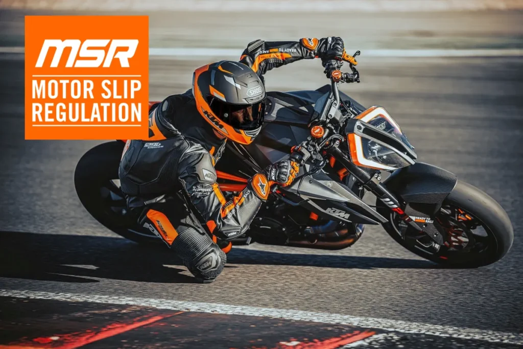 KTM Motorrad in extremer Kurvenlage mit aktiver Motorschleppmoment-Regelung (MSR)