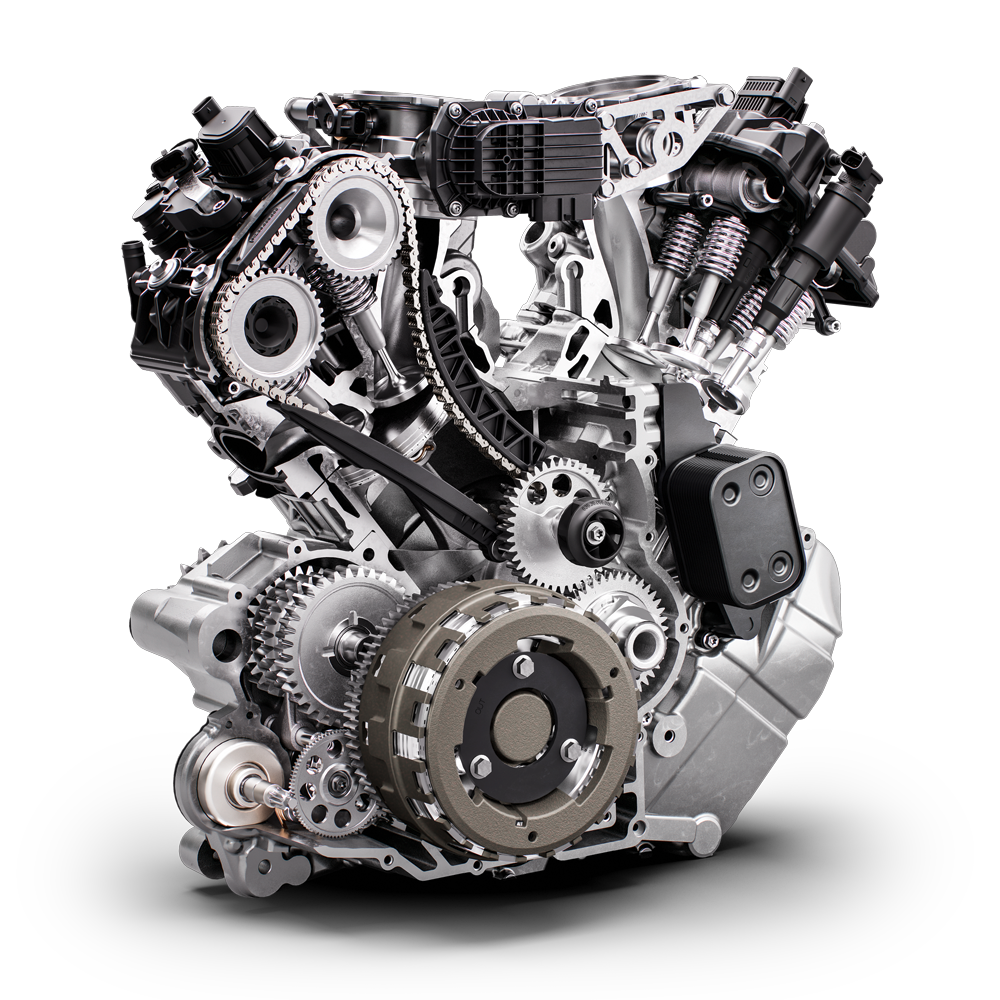 KTM 1390 Super Adventure S EVO Motor als Schnittbild – V2-Aggregat mit Getriebe-Detail